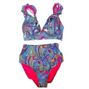 Sunset Paisley Pop bikini 32DD Willa Ruffle top M Highwaisted foldover bottoms